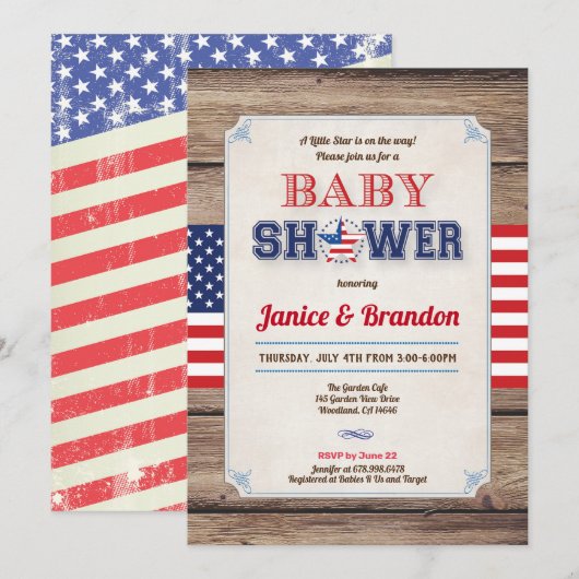Invitation baby shower de la fête nationale 4 juillet rustiqu (Devant / Derrière)