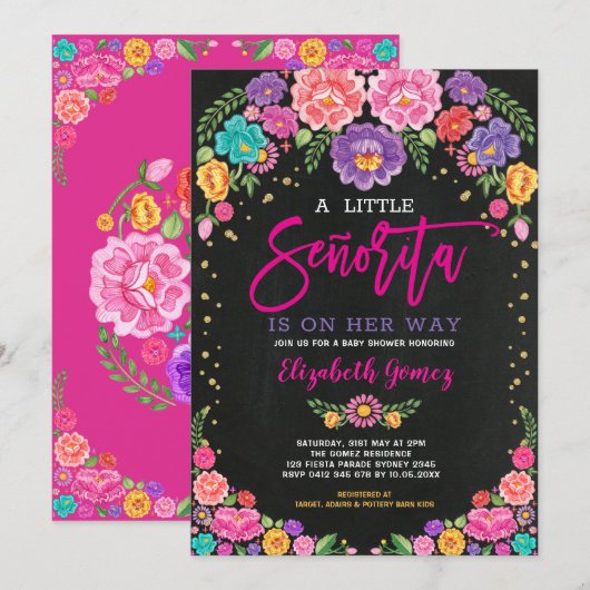 Invitation Baby shower de la Fiesta Florale de Little Senorit (Devant / Derrière)