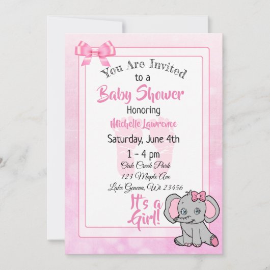 Invitation Baby shower de la fille aux éléphants roses (Devant)