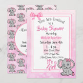 Invitation Baby shower de la fille aux éléphants roses (Devant / Derrière)