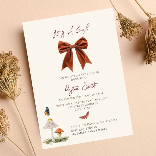 Invitation Baby shower de la fille bow de champignon de bois
