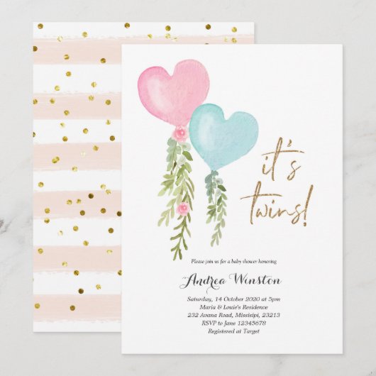Invitation Baby shower de la fille de ballons jume (Devant / Derrière)