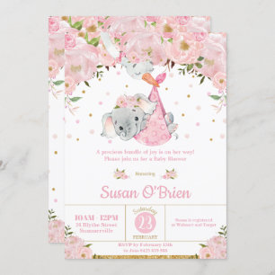 Invitation Baby shower de la fille de l'éléphant rose Floral