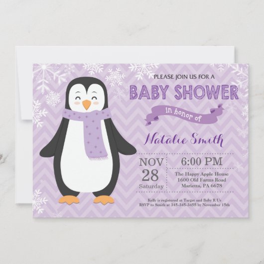 Invitation Baby shower de la fille de pingouin vio (Devant)