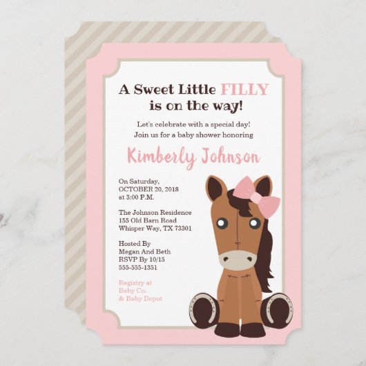 Invitation Baby shower de la fille du cheval (Devant / Derrière)