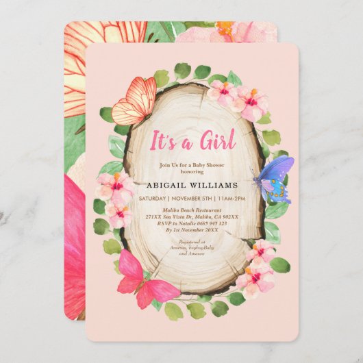 Invitation Baby shower de la fille du papillon du  (Devant / Derrière)