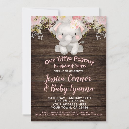 Invitation Baby shower de la fille éléphante (Devant)