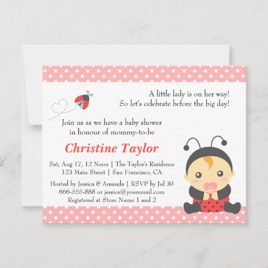 Invitation Baby shower de la fille Ladybug, Pois rose (Devant)