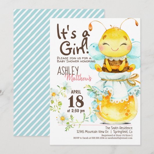 Invitation Baby shower de la fille Miel (Devant / Derrière)