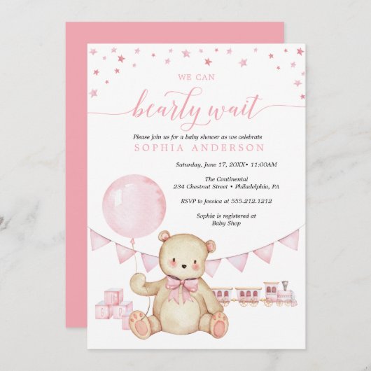 Invitation Baby shower de la fille ours en peluche (Devant / Derrière)