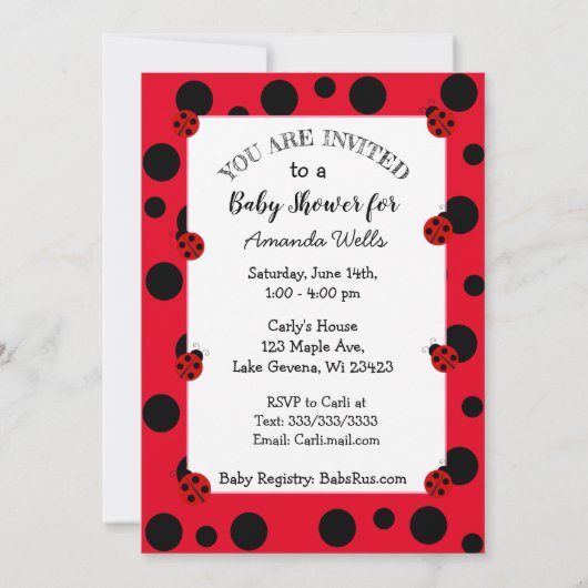 Invitation Baby shower de la fille Red Ladybug (Dos)