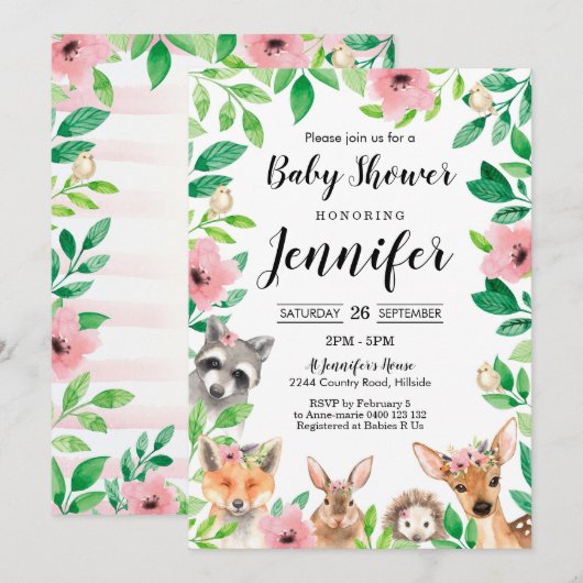 Invitation Baby shower de la fille Woodland Pink W (Devant / Derrière)