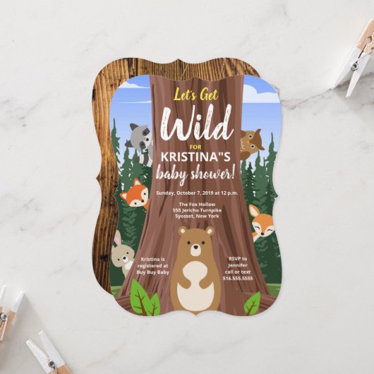 Invitation Baby shower de la forêt boisée pour bébés animaux (Devant/Arrière en situation)