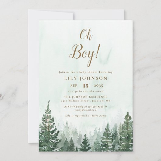 Invitation Baby shower de la forêt de pins (Devant)