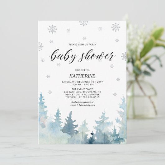 Invitation Baby shower de la forêt d'hiver Silver & Black Sno (Debout devant)