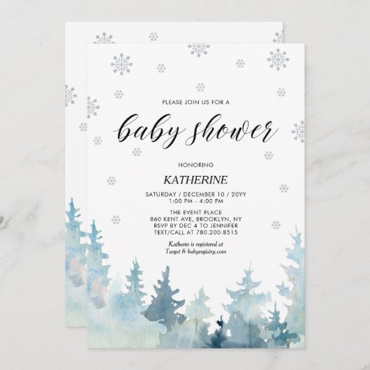 Invitation Baby shower de la forêt d'hiver Silver & Black Sno (Devant / Derrière)