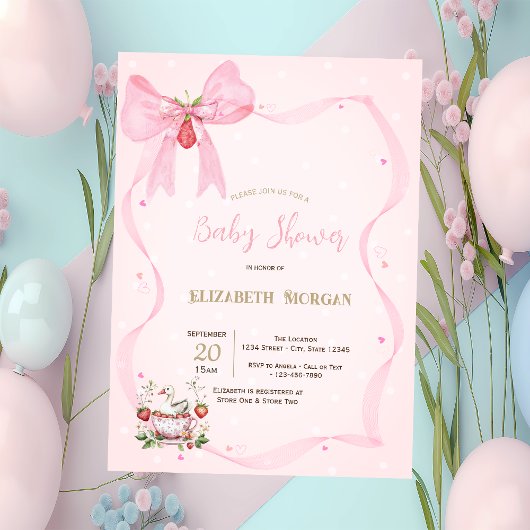 Invitation Baby shower de la fraise, de l'oie, des points du 