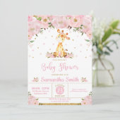 Invitation Baby shower de la Girafe à fleurs roses (Debout devant)