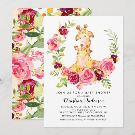 Invitation Baby shower de la Girafe Maman et Bébé (Devant / Derrière)
