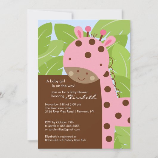 Invitation Baby shower de la Girafe rose (Devant)