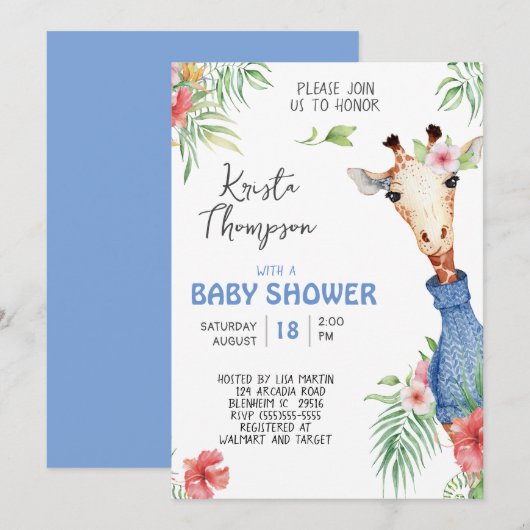 Invitation Baby shower de la Giraffe Bleue (Devant / Derrière)