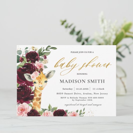 Invitation Baby shower de la Giraffe Florale Burgundy (Debout devant)