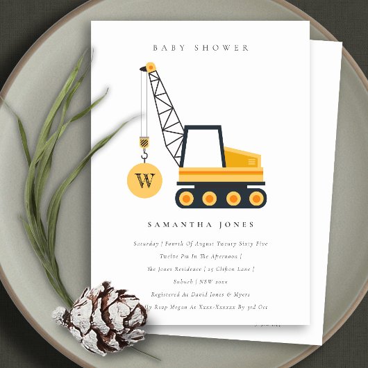 Invitation Baby shower de la grue de construction 