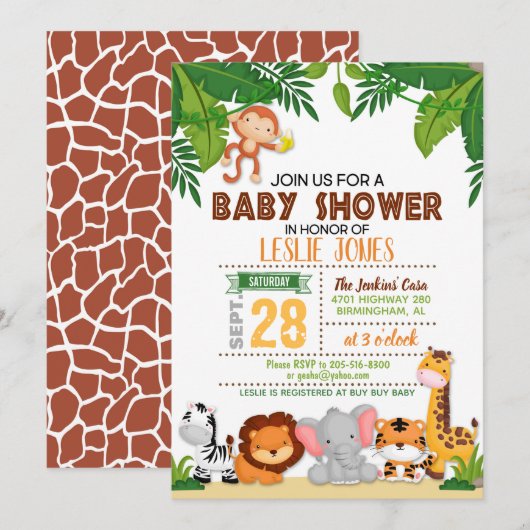 Invitation Baby shower de la jungle (Devant / Derrière)