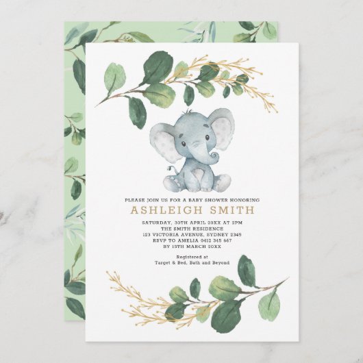 Invitation Baby shower de la jungle des éléphants (Devant / Derrière)