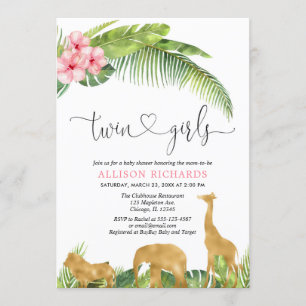 Invitation Baby shower de la jungle en or rose jumelles
