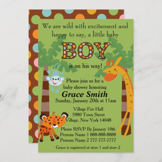Invitation Baby shower de la jungle "Garçon" (Devant / Derrière)