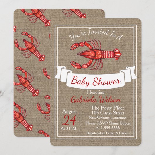 Invitation Baby shower de la langouste de Louisiane (Devant / Derrière)