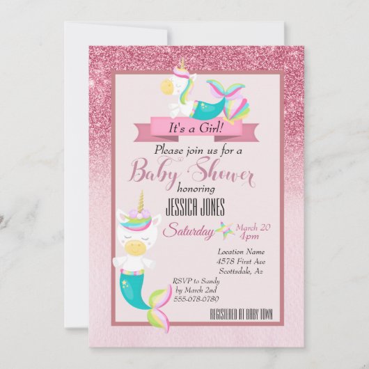 Invitation Baby shower de la licorne rose de sirèn (Devant)
