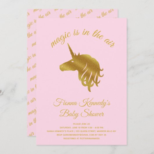 Invitation Baby shower de la licorne rose magique (Devant / Derrière)