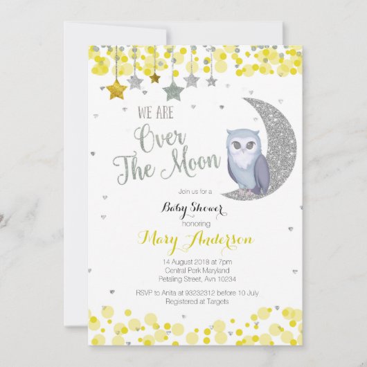 Invitation Baby shower de la lune d'hibou rose jaune (Devant)