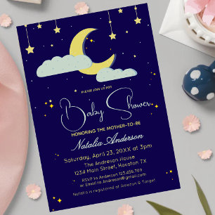 Invitation Baby shower de la lune étoile bleue dessinée à la 