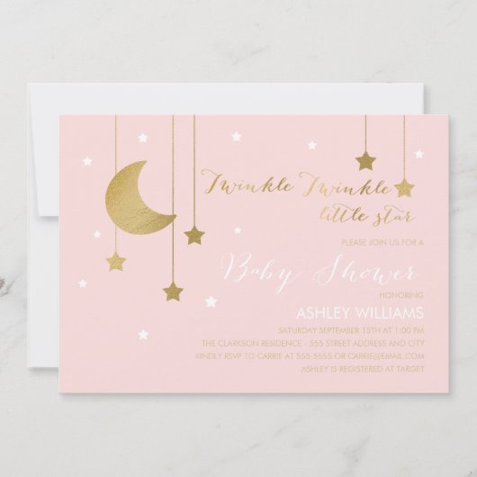 Invitation Baby shower de la Lune rose et des étoi (Devant)