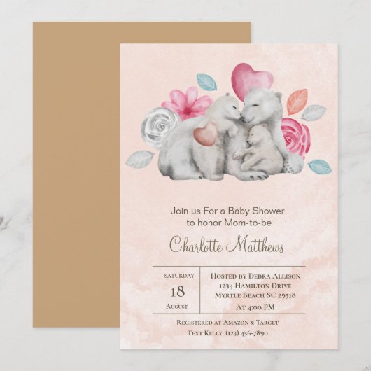 Invitation Baby shower de la maman et de l'ours des bébés (Devant / Derrière)