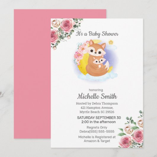 Invitation Baby shower de la maman Fox Floral rose (Devant / Derrière)