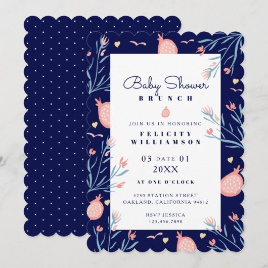 Invitation Baby shower de la Marine Blue Grenade & Florals Br (Devant / Derrière)
