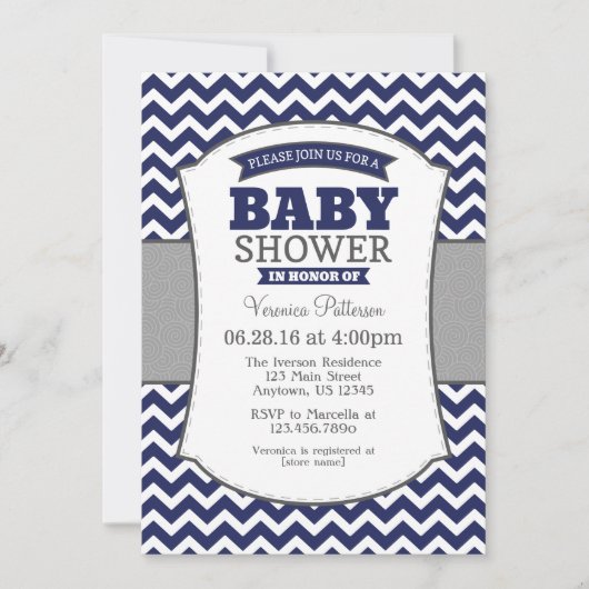 Invitation Baby shower de la Marine Blue Grey Chev (Devant)