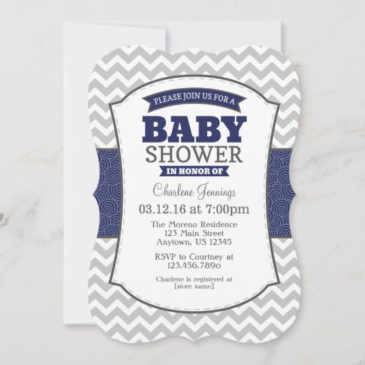 Invitation Baby shower de la Marine Blue Grey Chev (Devant)