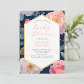 Invitation Baby shower de la Marine Blue Pink Peonies Invitat (Debout devant)