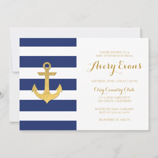 Invitation Baby shower de la marine nautique avec Ancre d'or (Devant)