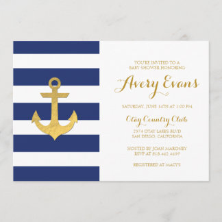 Invitation Baby shower de la marine nautique avec Ancre d'or