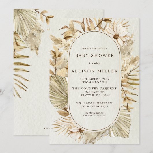 Invitation Baby shower de la Pampas Boho Rustique neutre par  (Devant / Derrière)