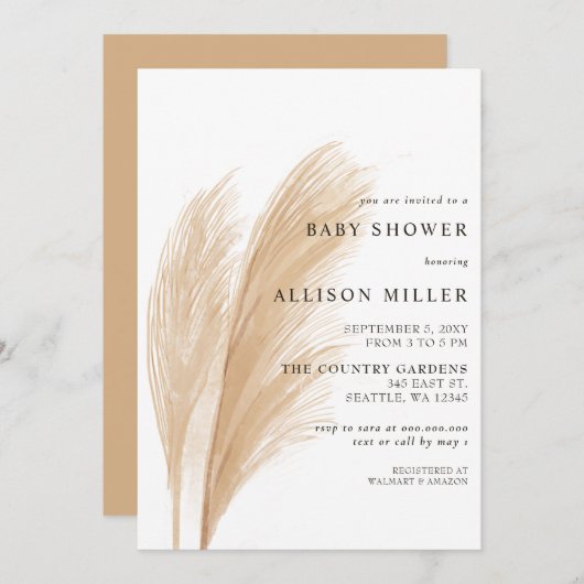 Invitation Baby shower de la Pampas Boho Rustique neutre par (Devant / Derrière)