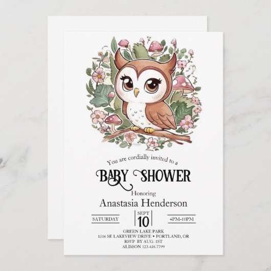 Invitation Baby Shower de la petite chouette rêveuse (Devant / Derrière)