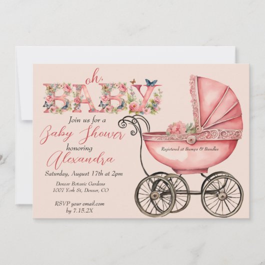 Invitation Baby shower de la petite fille Buggy (Devant)