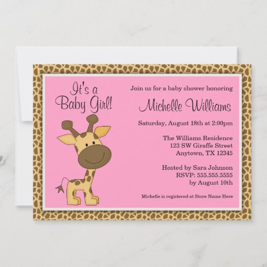 Invitation Baby shower de la petite fille de la Girafe rose (Devant)